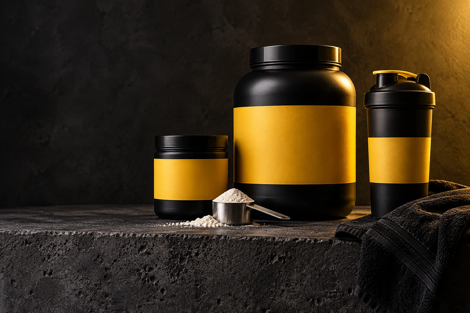 Composição ilustrativa de potes de suplementos e coqueteleira em preto e amarelo